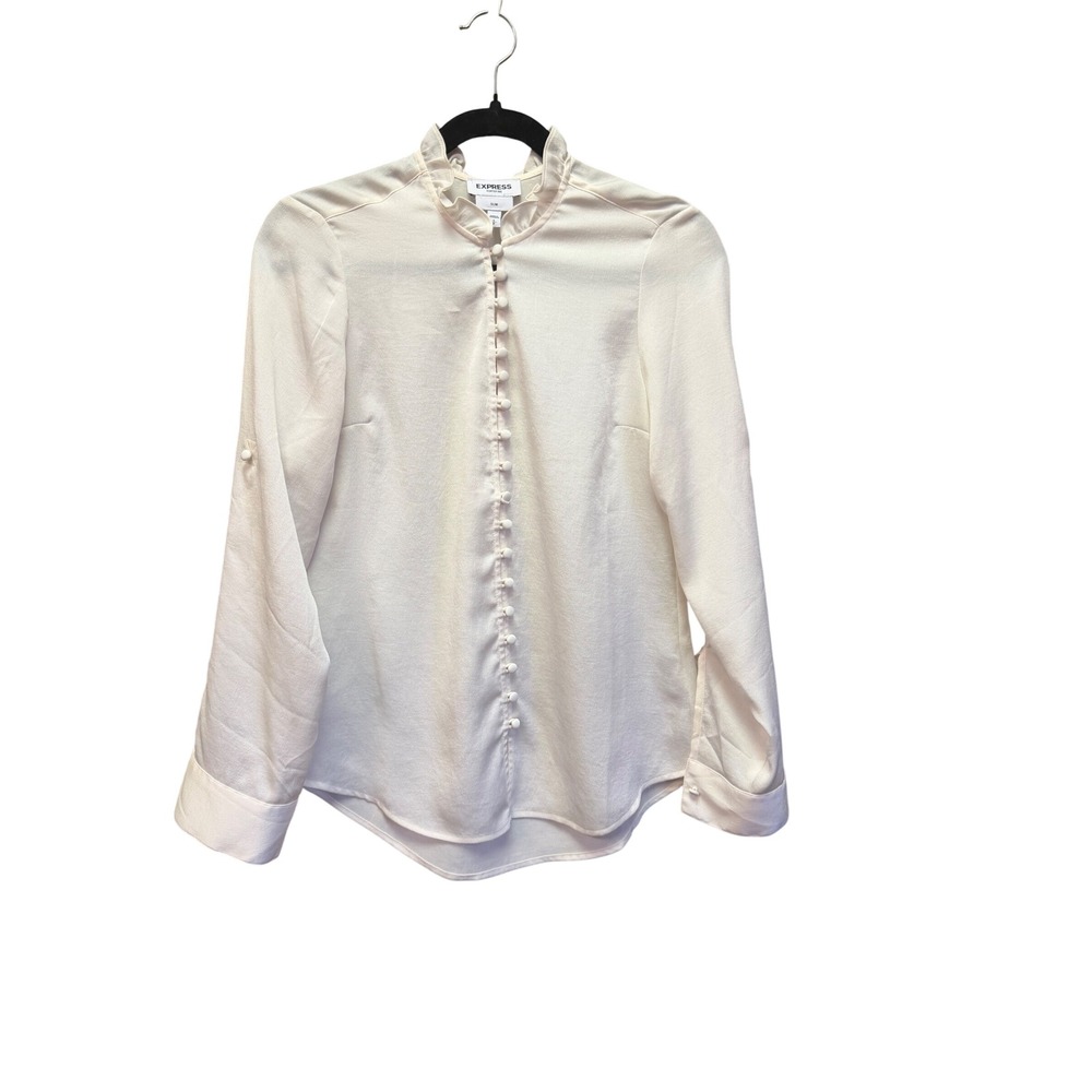 Express Portofino Slim Blouse Ivory Ruffle Neck Button Front Roll Tab Sleeve S